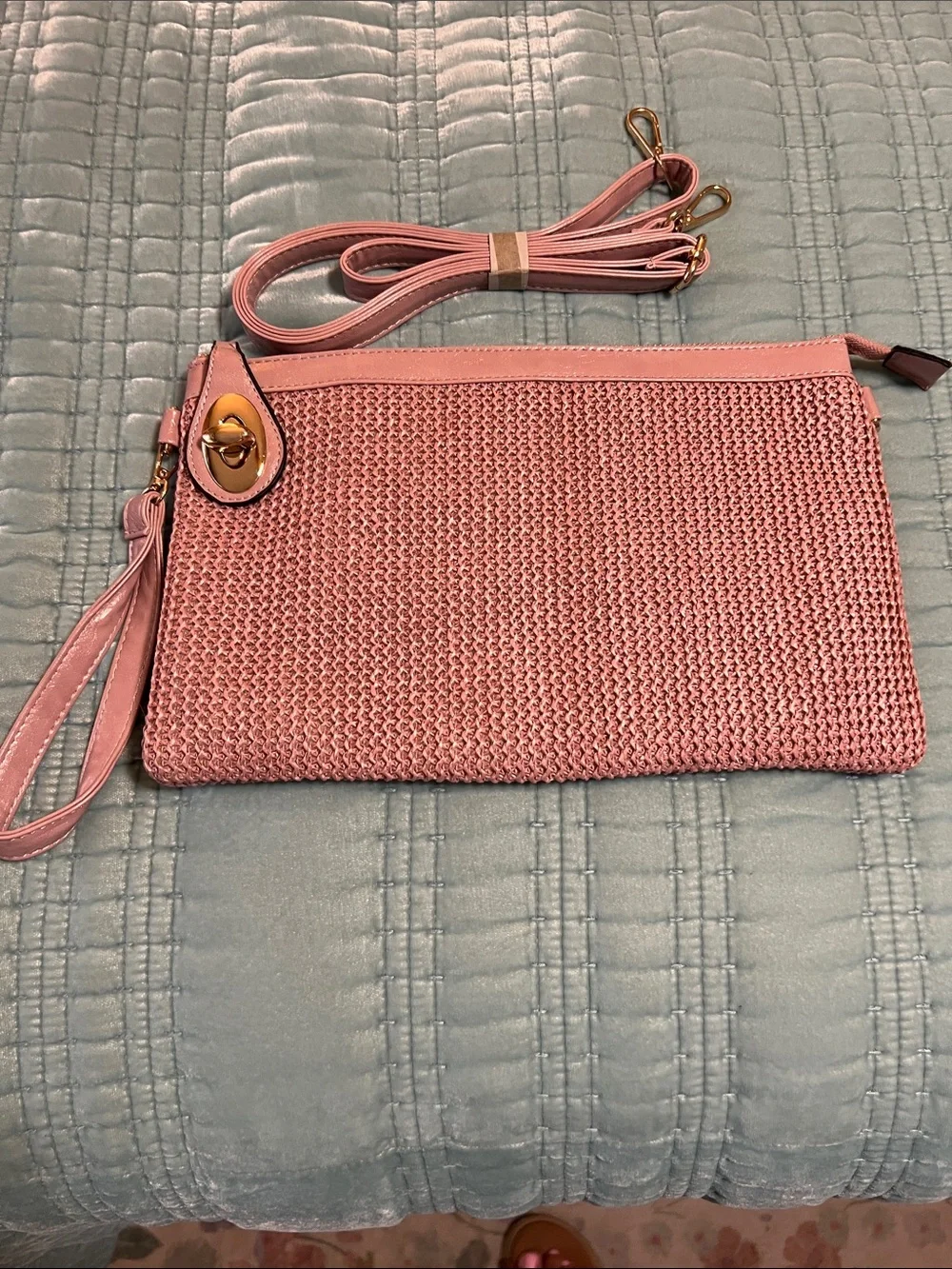 Woven Pink Crossbody Clutch Bag - Women's Shoulder Strap